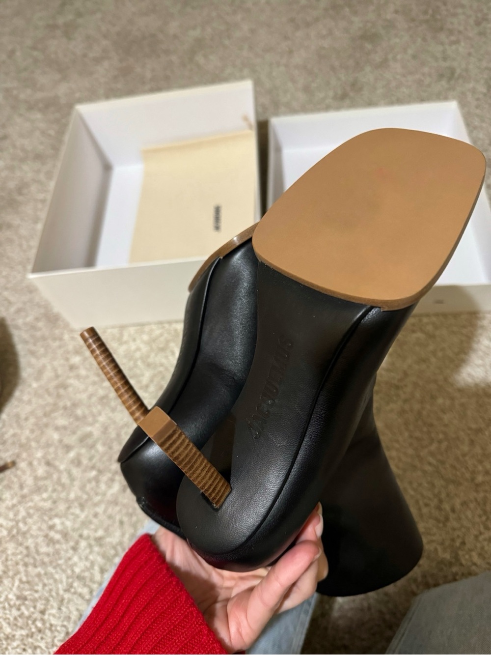 Jacquemus Black Leather miss matched design-Toe Mid-Calf Boots with Tan Sole - Picture 3 of 6